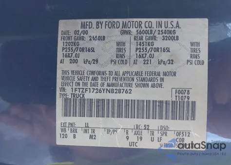 2000 Ford F-150 Work Series/Xl/Xlt из США, поврежденный, VIN 1FTZF1726YNB28762